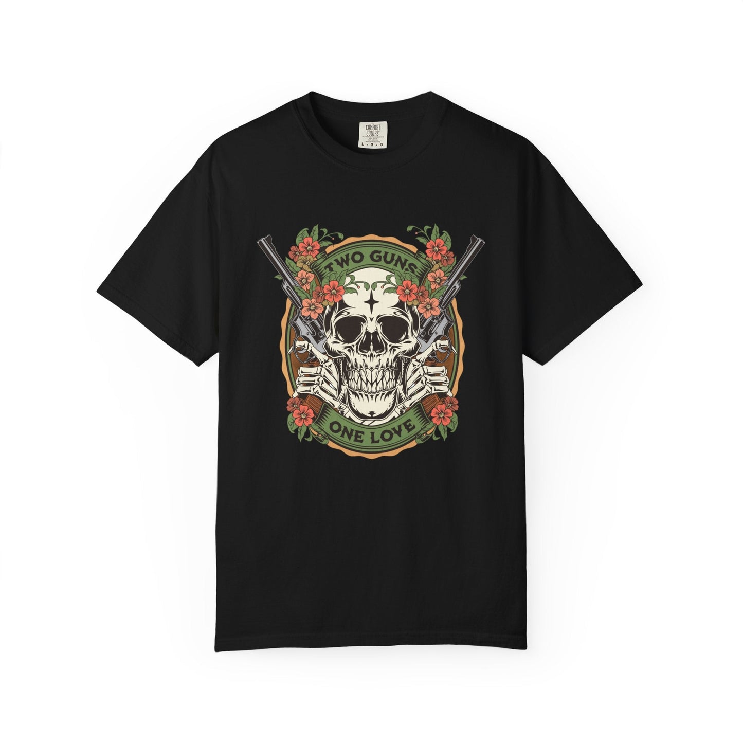 Two guns & one love graphic t-shirt with skull design