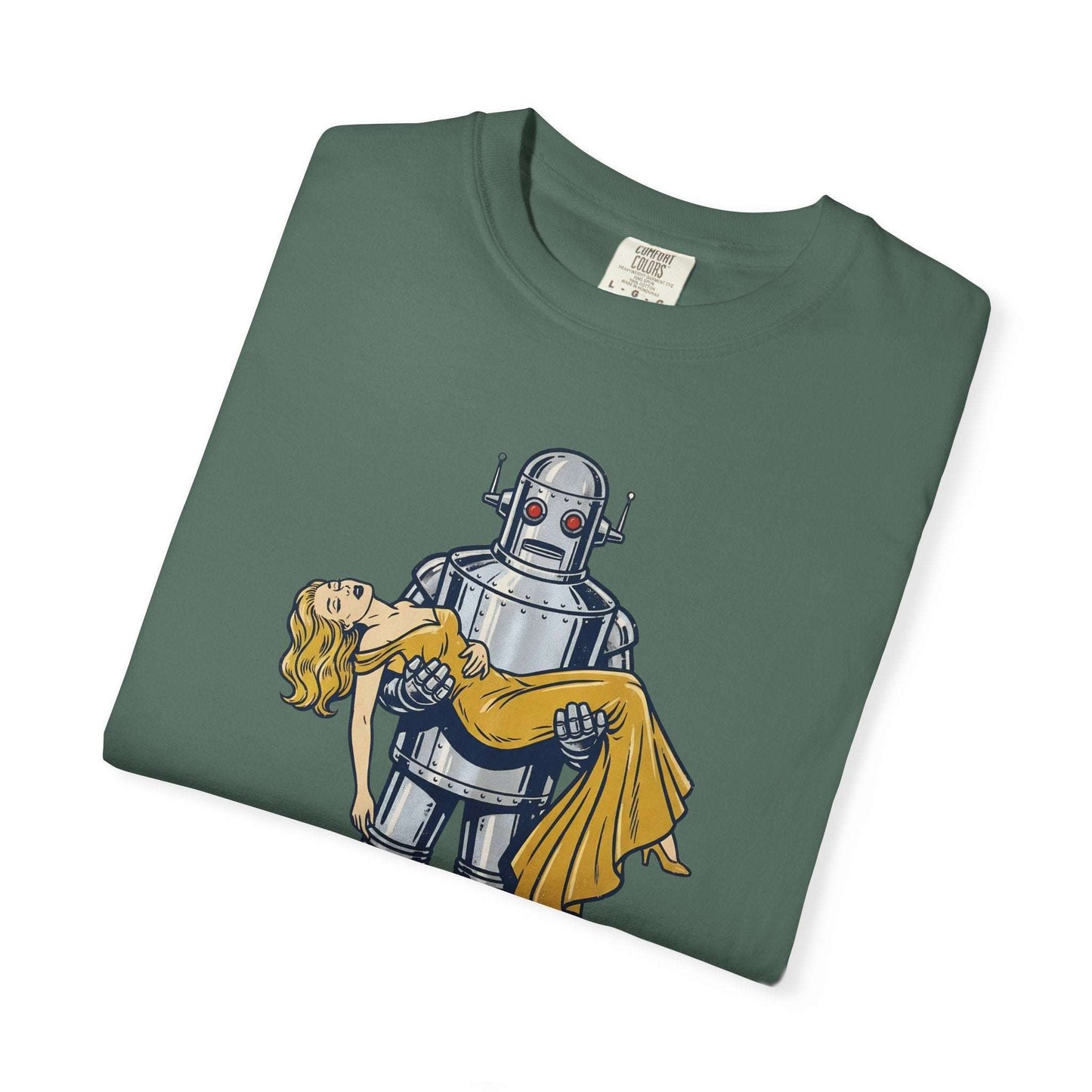 Chrome and Satin – Futuristic Robot Embracing Beauty Sci-Fi Tee
