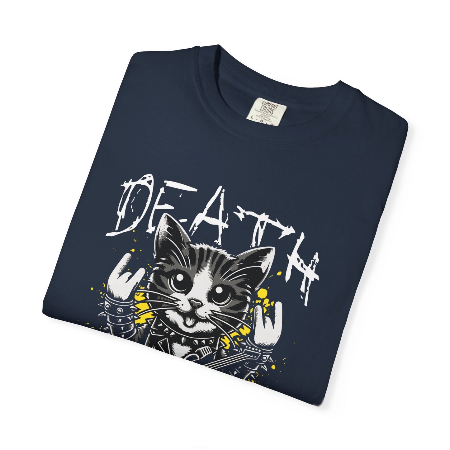 Cat metal t-shirt featuring rock & roll graphic design