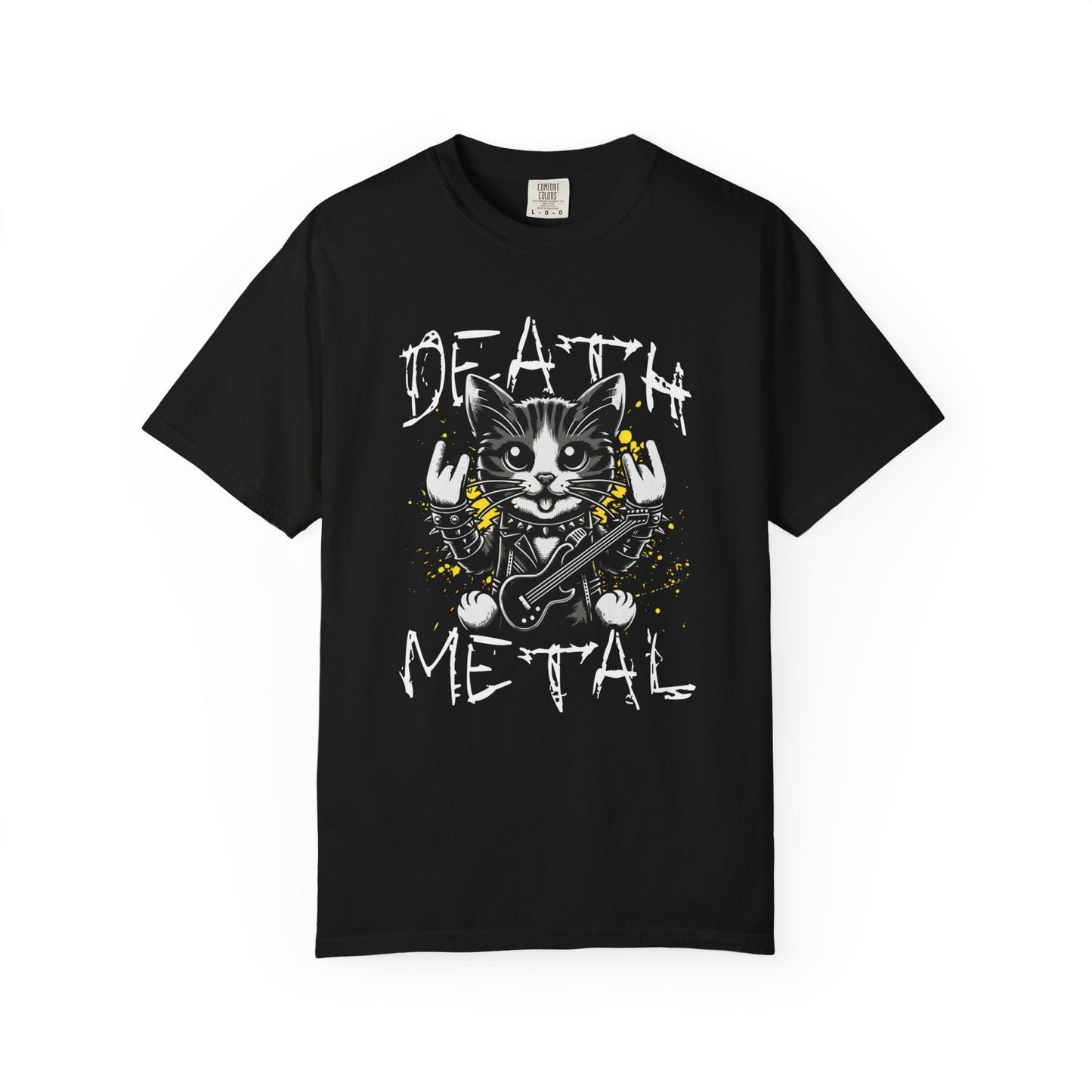 Cat metal t-shirt featuring rock & roll graphic design