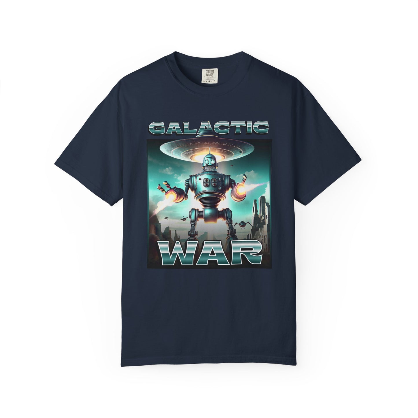Galactic war t-shirt featuring metallic robot & Spaceship design