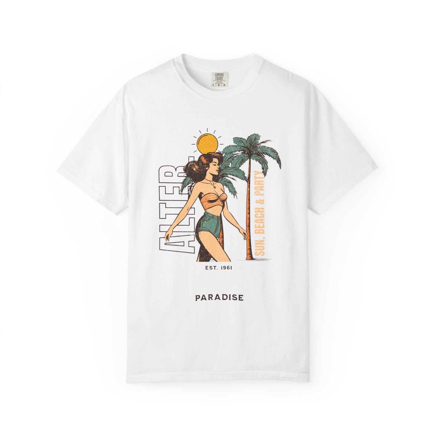 Vintage beach scene unisex t-shirt with woman graphic and palm trees
