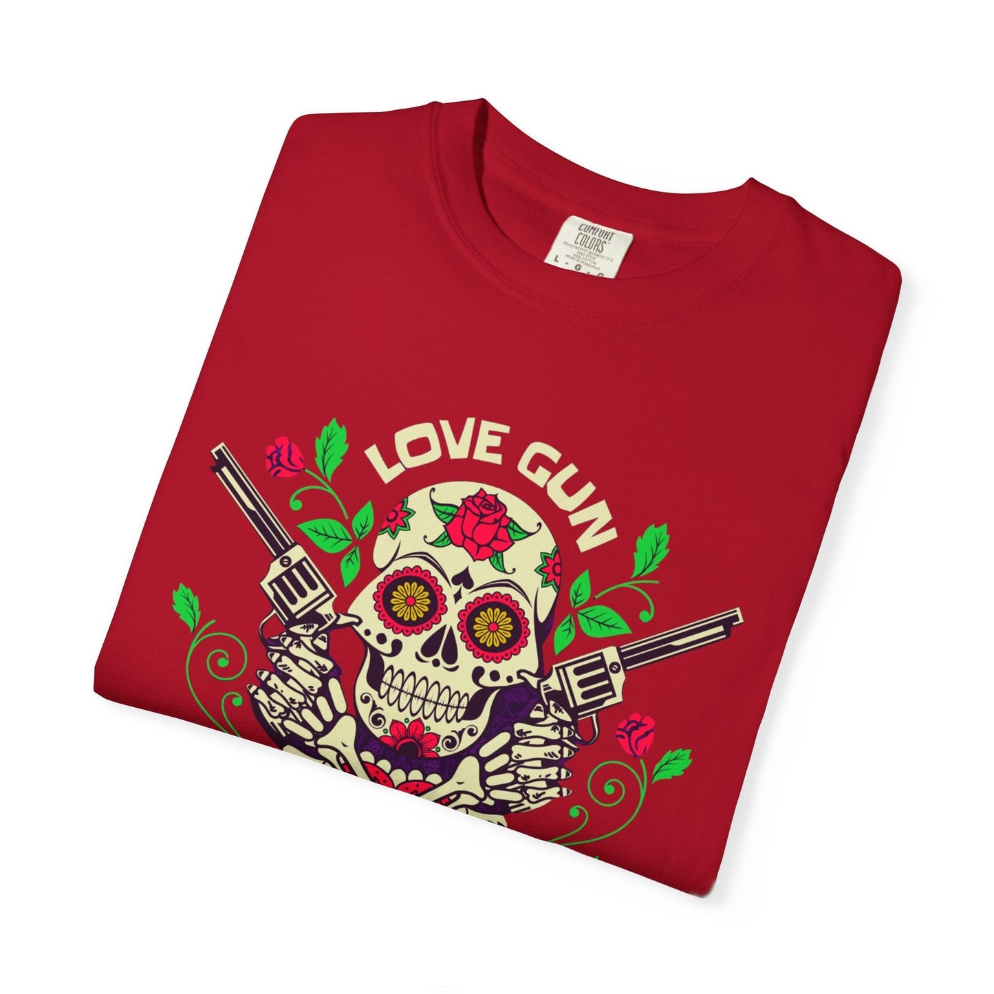 Love gun black t-shirt with Sugar skull design - Stylish & comfortable