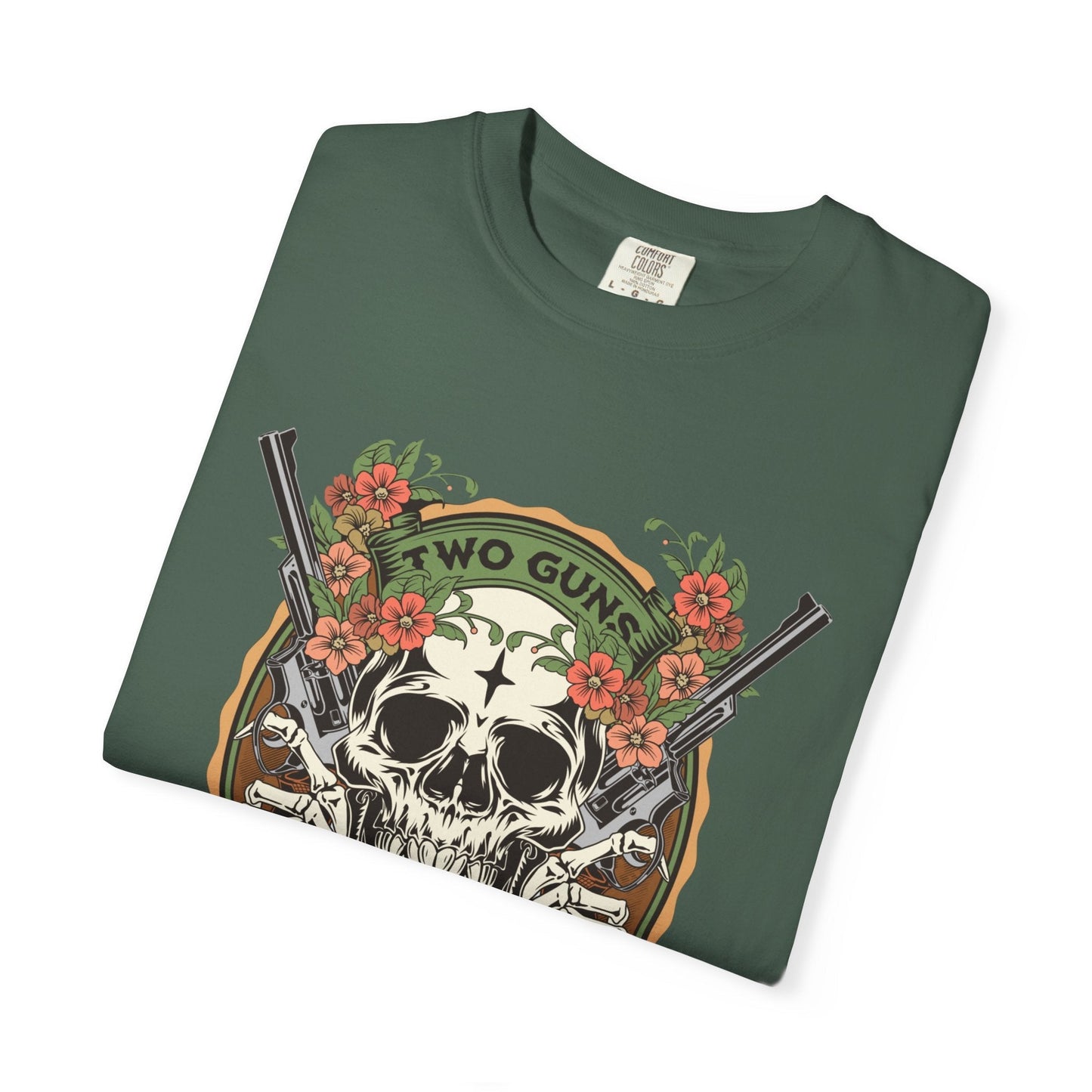 Two guns & one love graphic t-shirt with skull design