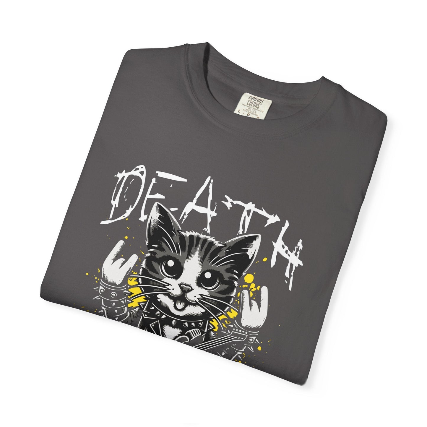 Cat metal t-shirt featuring rock & roll graphic design