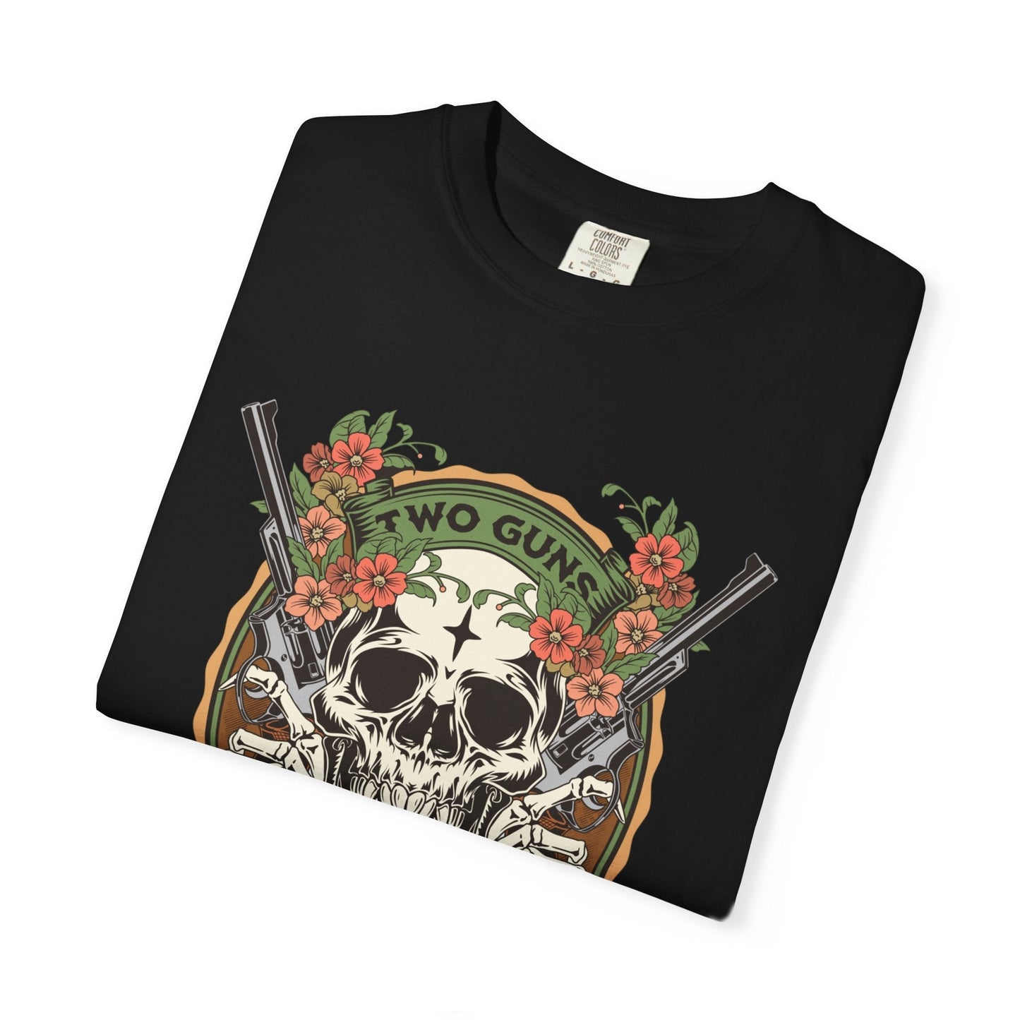 Two guns & one love graphic t-shirt with skull design