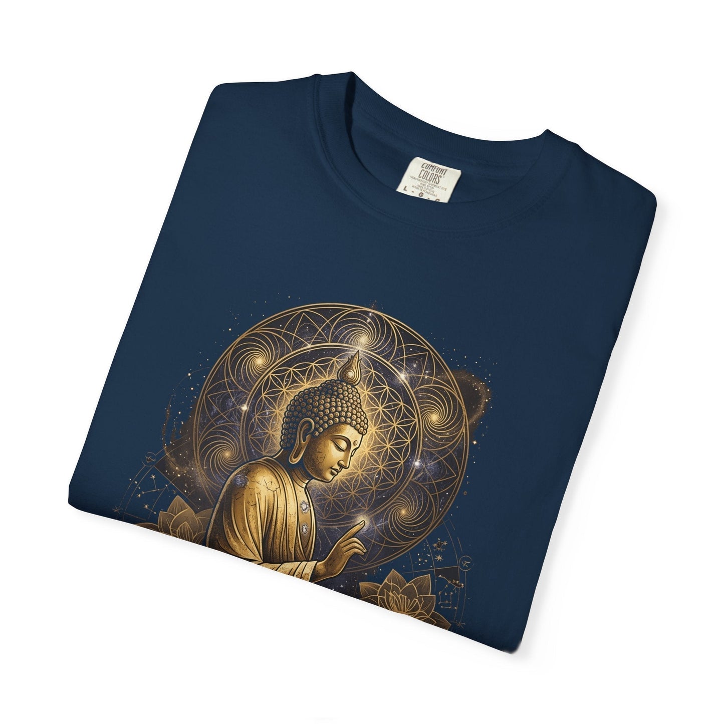 Buddha Is Gold – Radiant Meditating Buddha T-Shirt for Relaxed Style