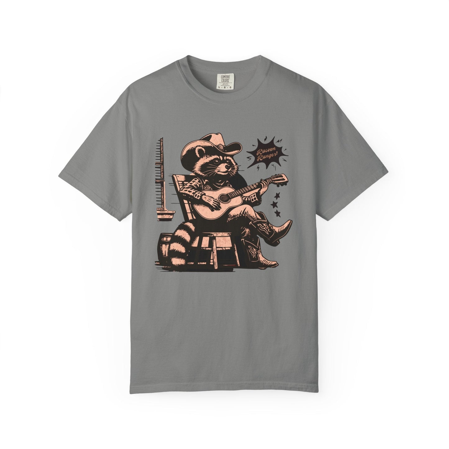 Vintage-inspired muted olive green t-shirt featuring a raccoon cowboy playing acoustic guitar graphic design