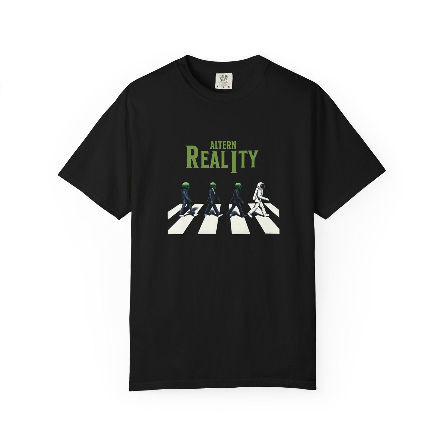 Black unisex T-shirt with Beatles' Abbey Road-inspired graphic featuring four figures in green helmets and a spaceman crossing a zebra crossing with "Alter Reality" text above.