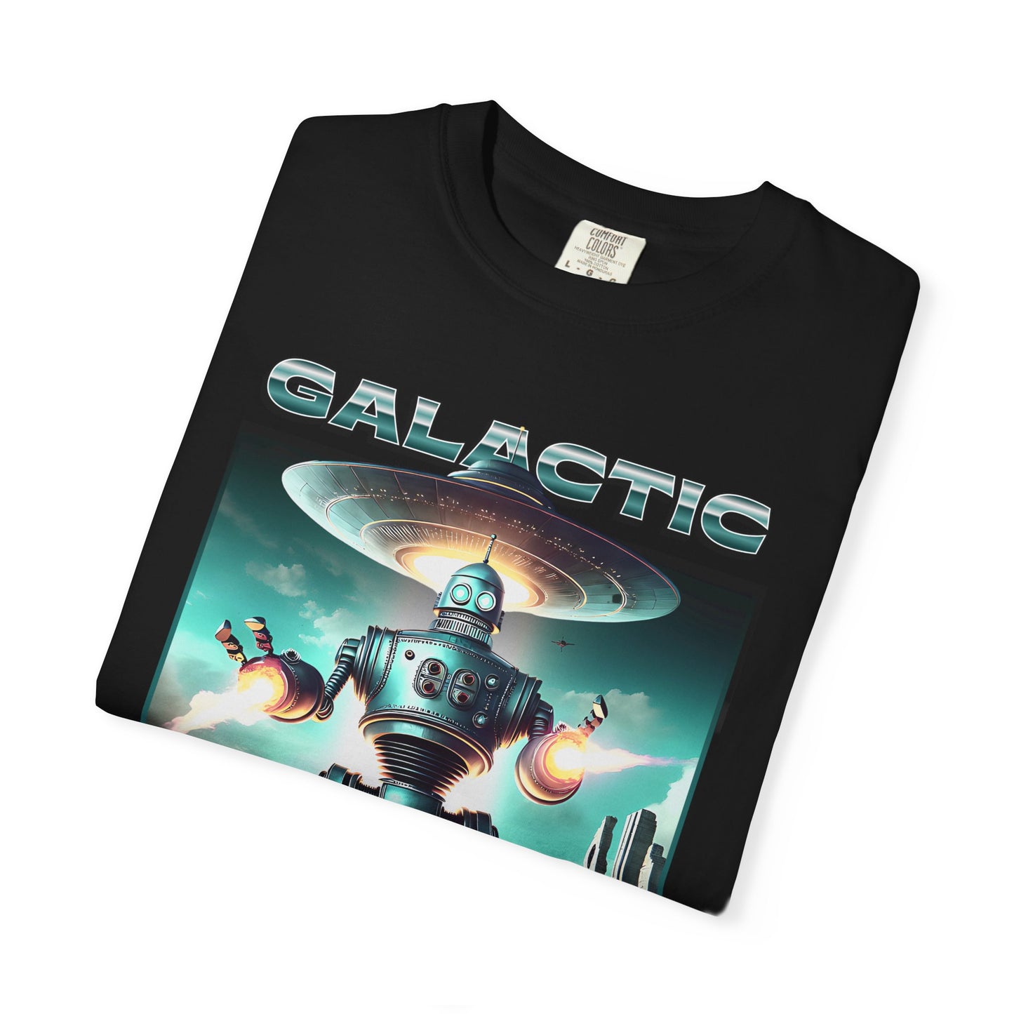 Galactic war t-shirt featuring metallic robot & Spaceship design