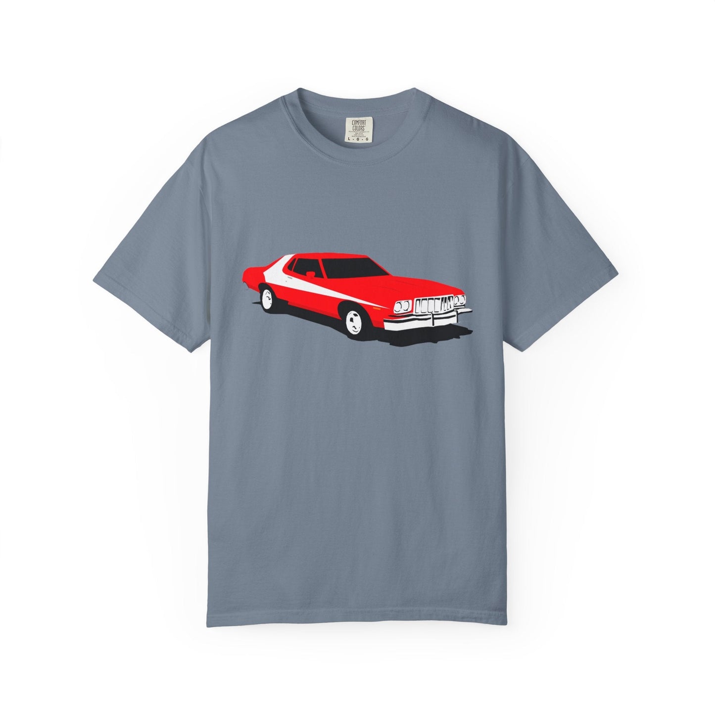 Gray Comfort Colors t-shirt with red Grand Torino car graphic representing the classic grand torino car design