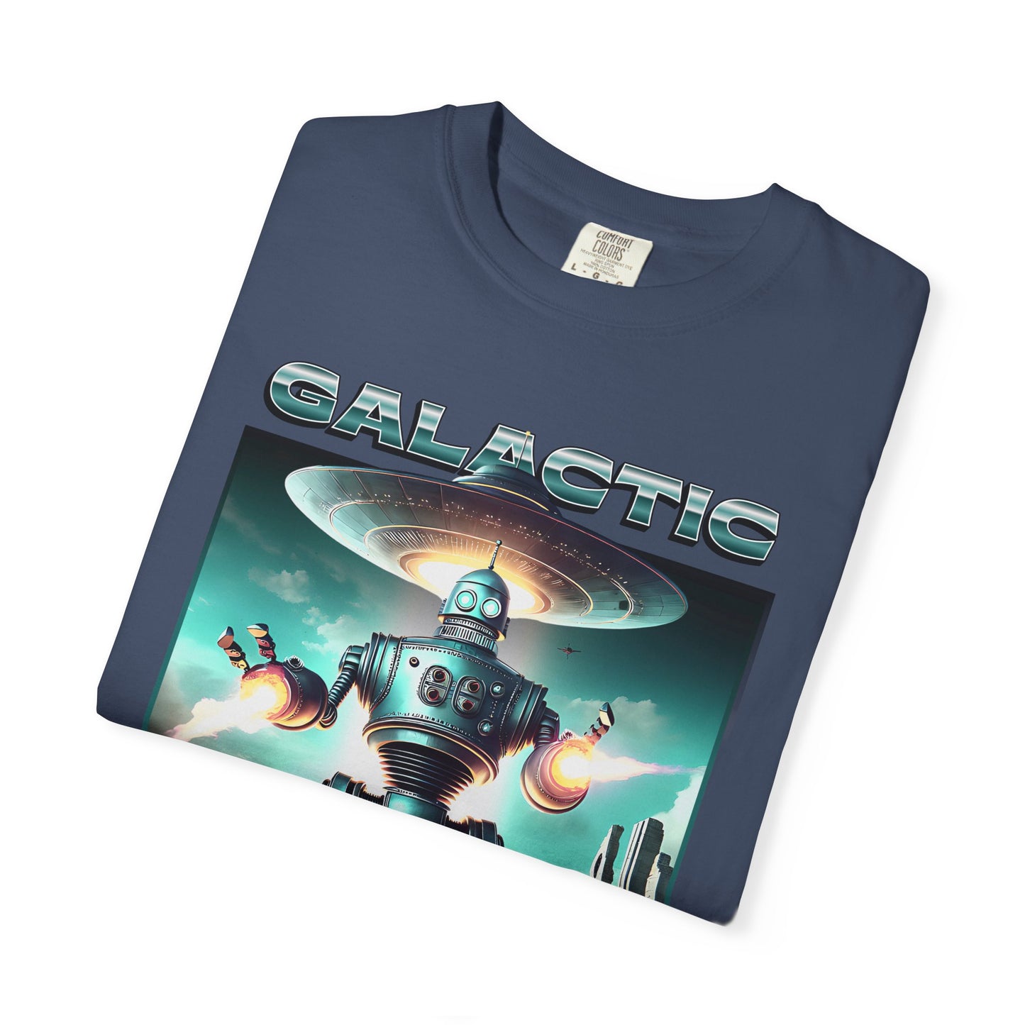 Galactic war t-shirt featuring metallic robot & Spaceship design
