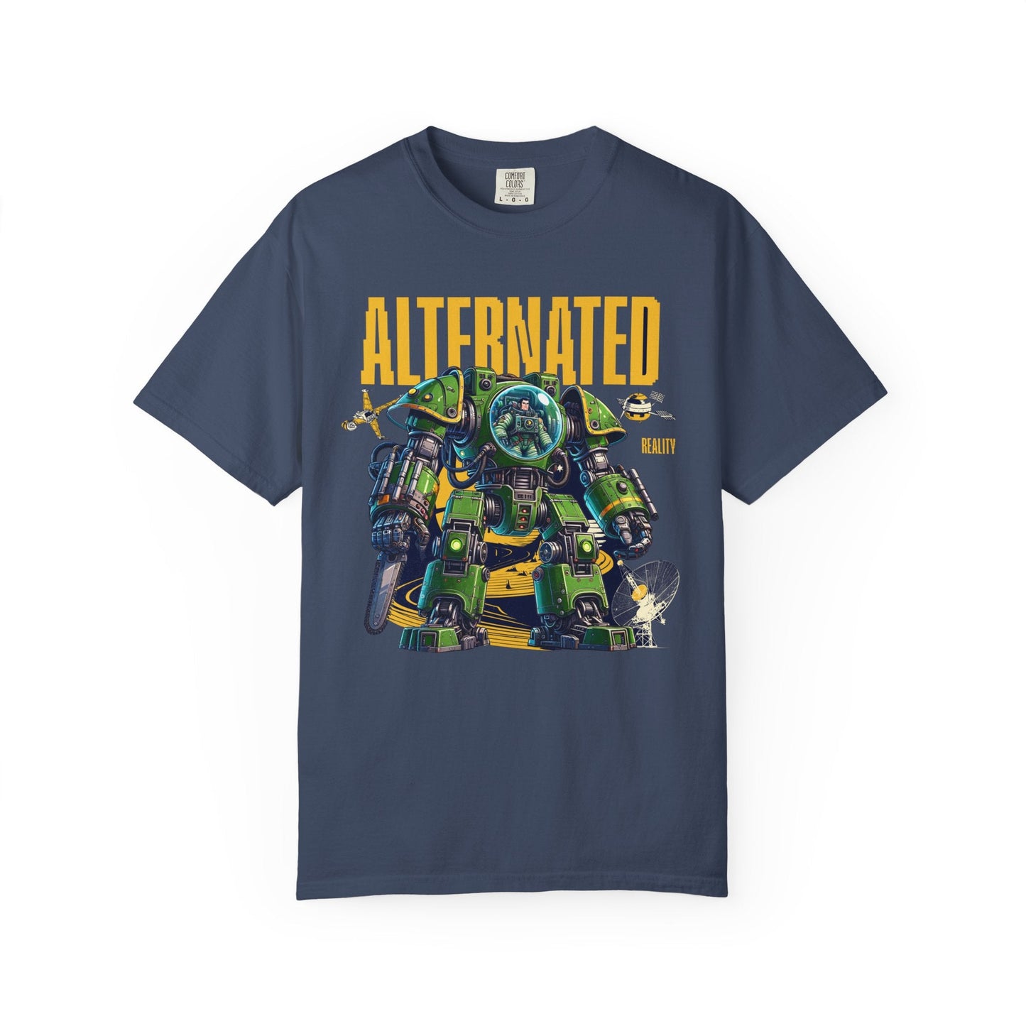 Navy blue unisex garment-dyed t-shirt featuring a green mechanical robot graphic with "ALTERNATED REALITY" text in bold yellow letters