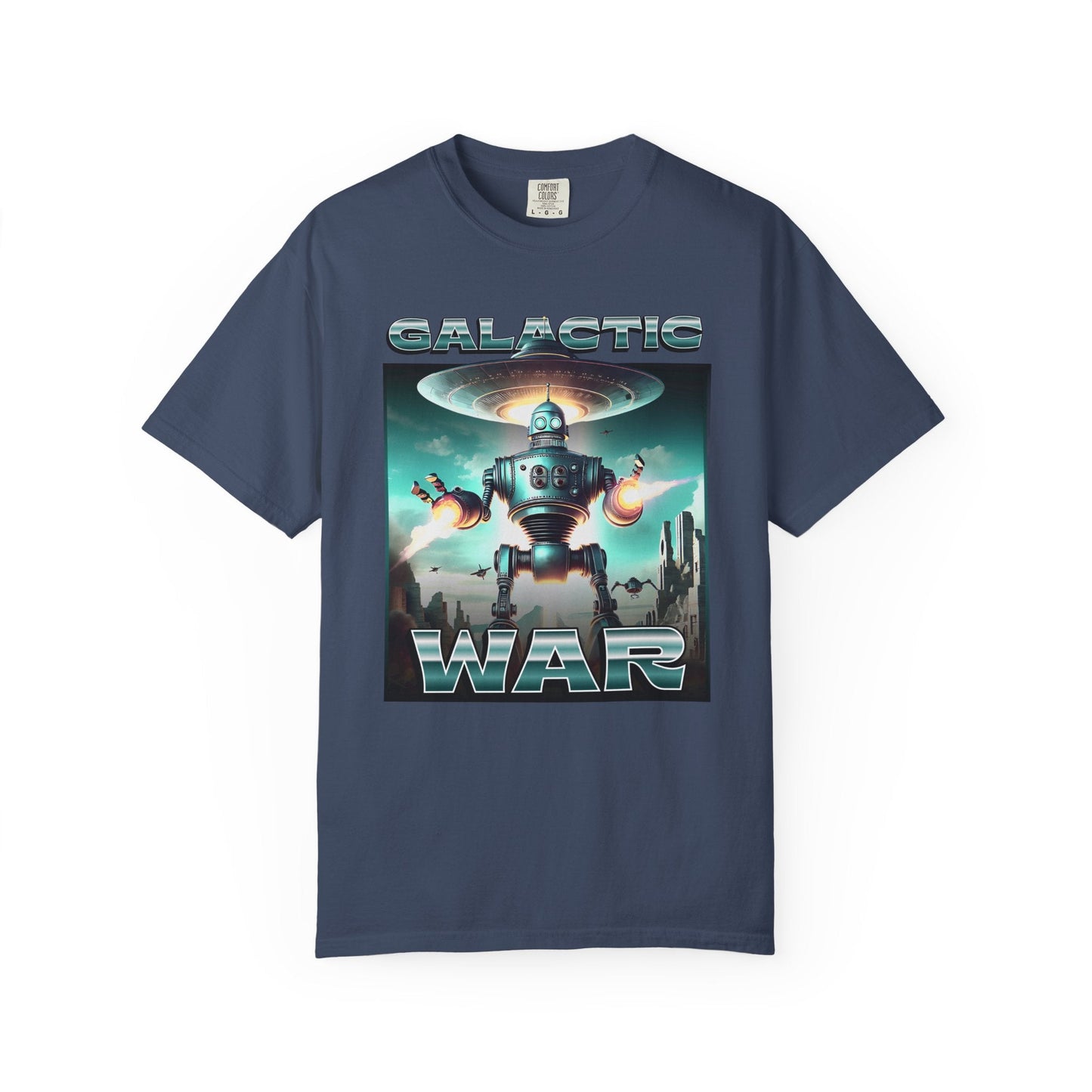 Galactic war t-shirt featuring metallic robot & Spaceship design