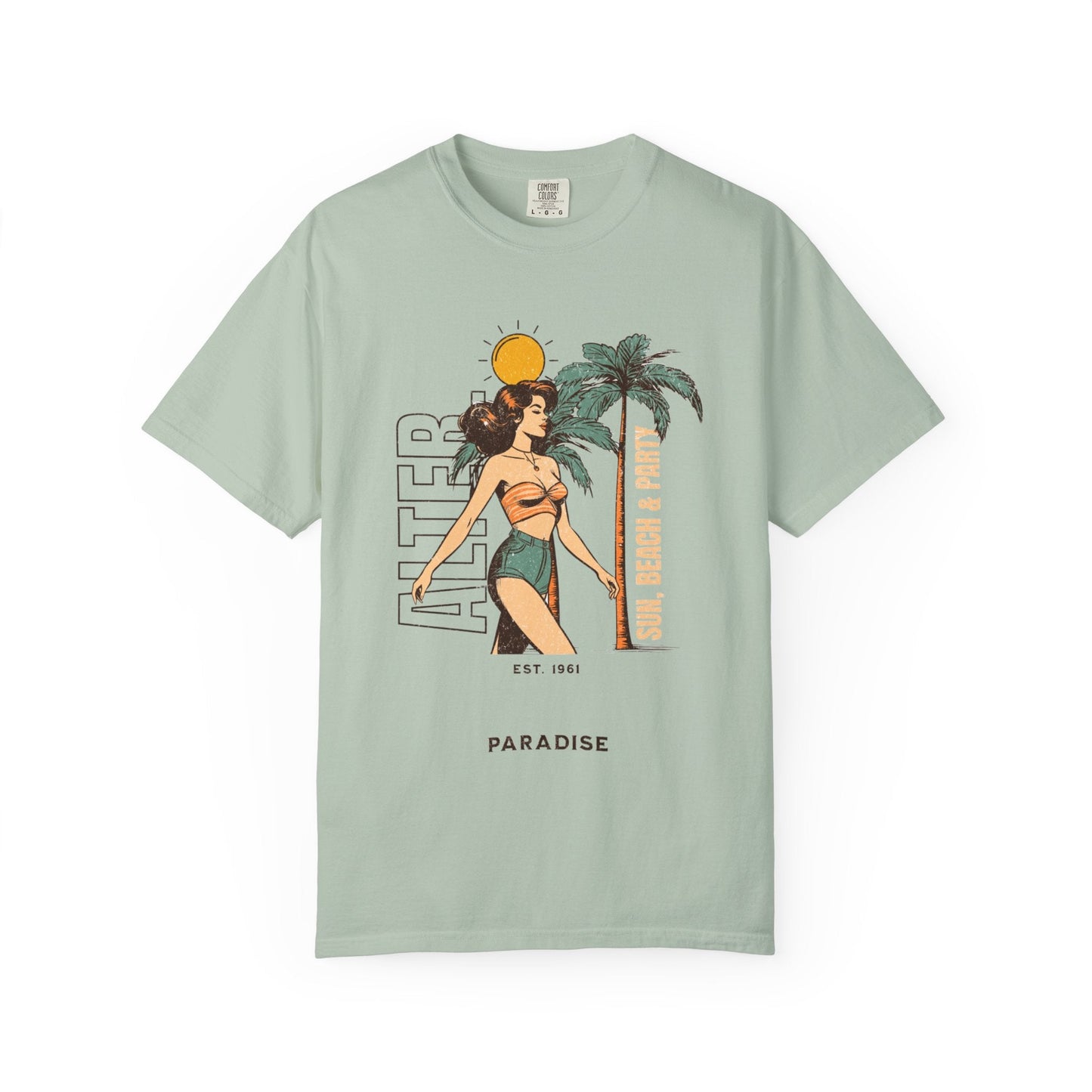 Vintage beach scene unisex t-shirt with woman graphic and palm trees