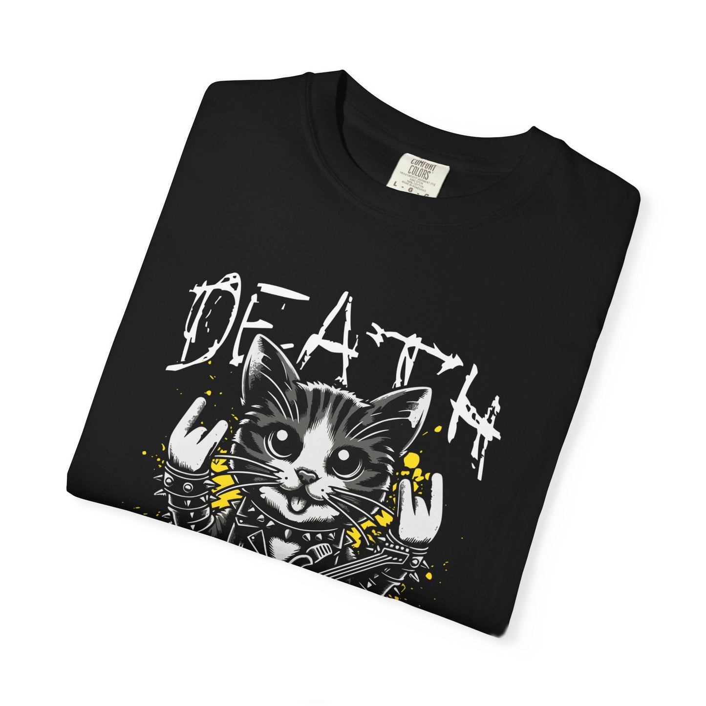 Cat metal t-shirt featuring rock & roll graphic design