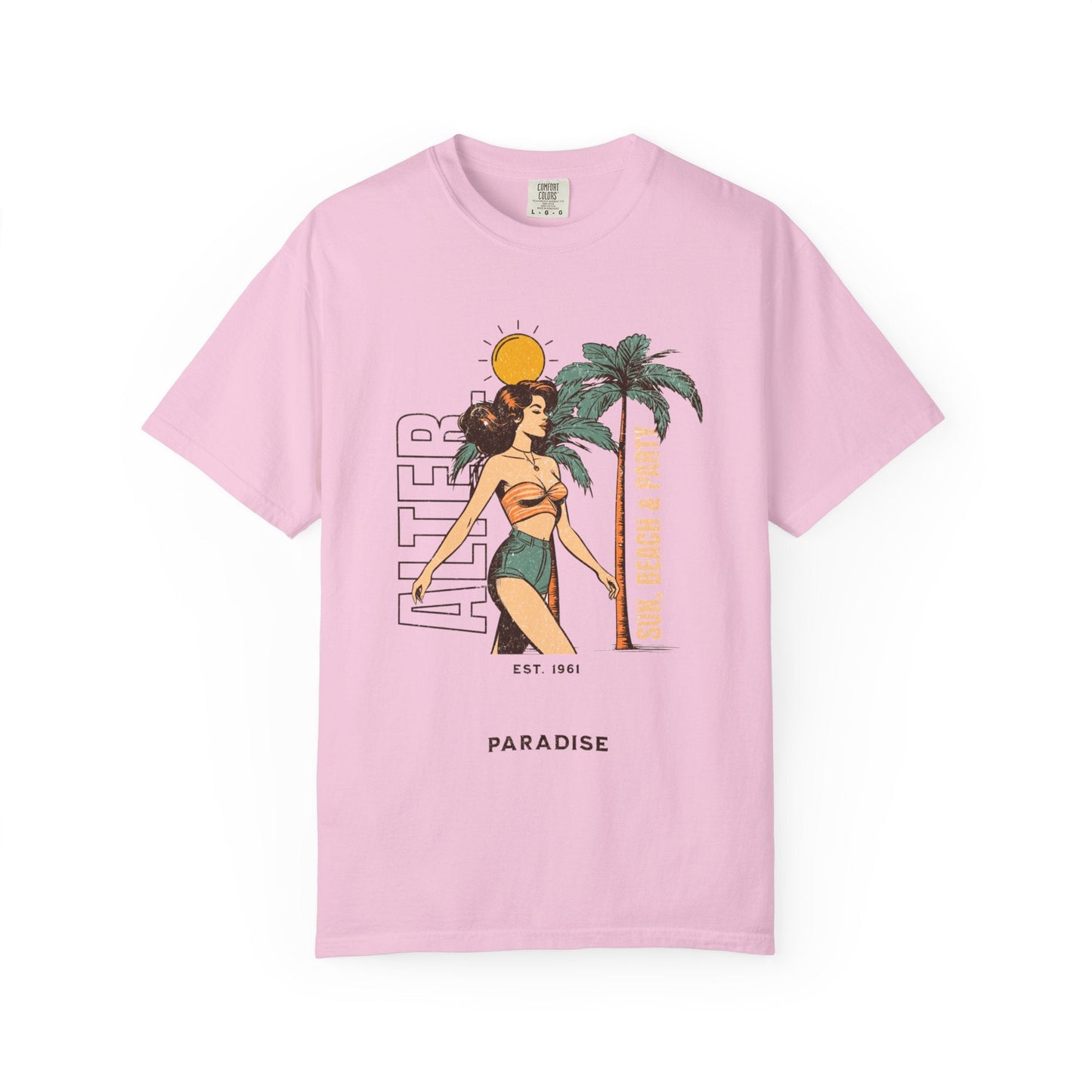 Vintage beach scene unisex t-shirt with woman graphic and palm trees