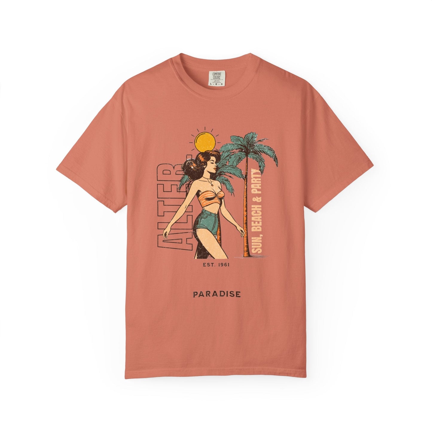 Vintage beach scene unisex t-shirt with woman graphic and palm trees