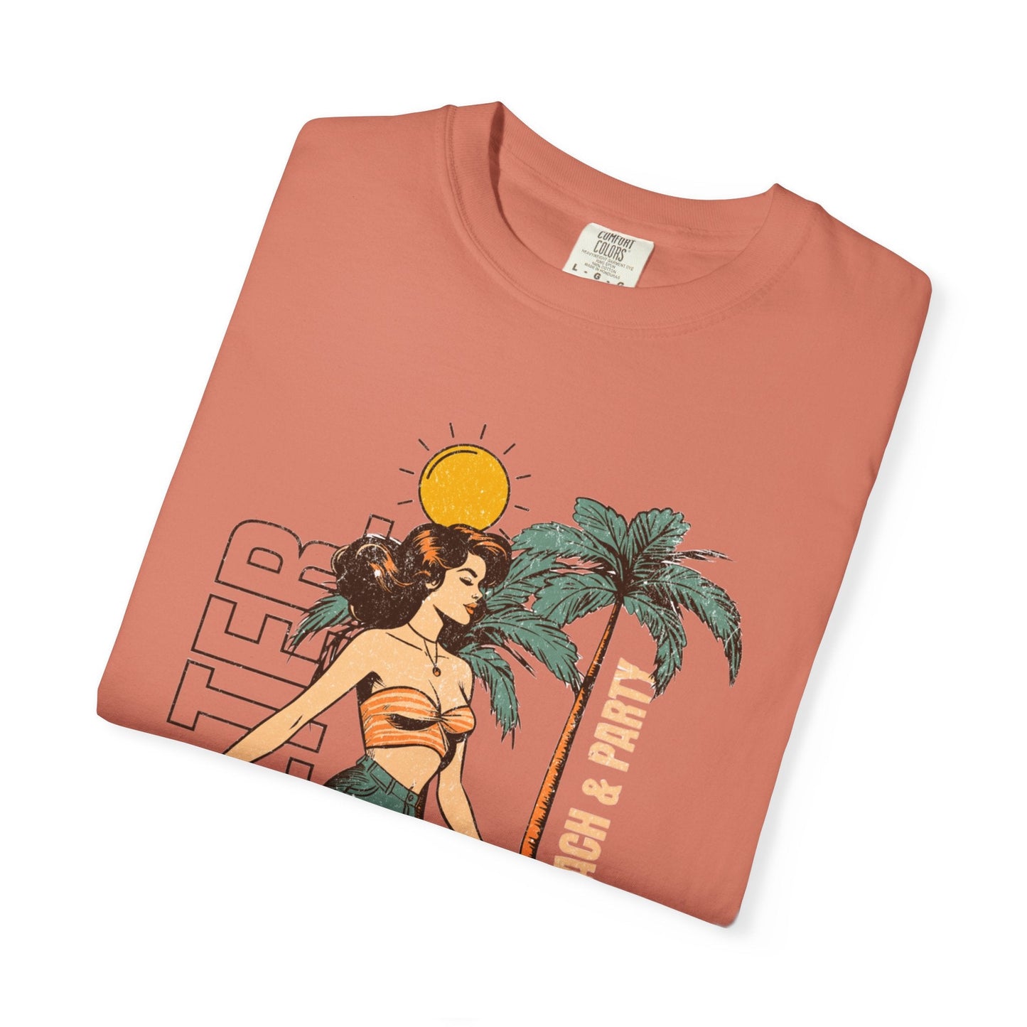 Vintage beach scene unisex t-shirt with woman graphic and palm trees