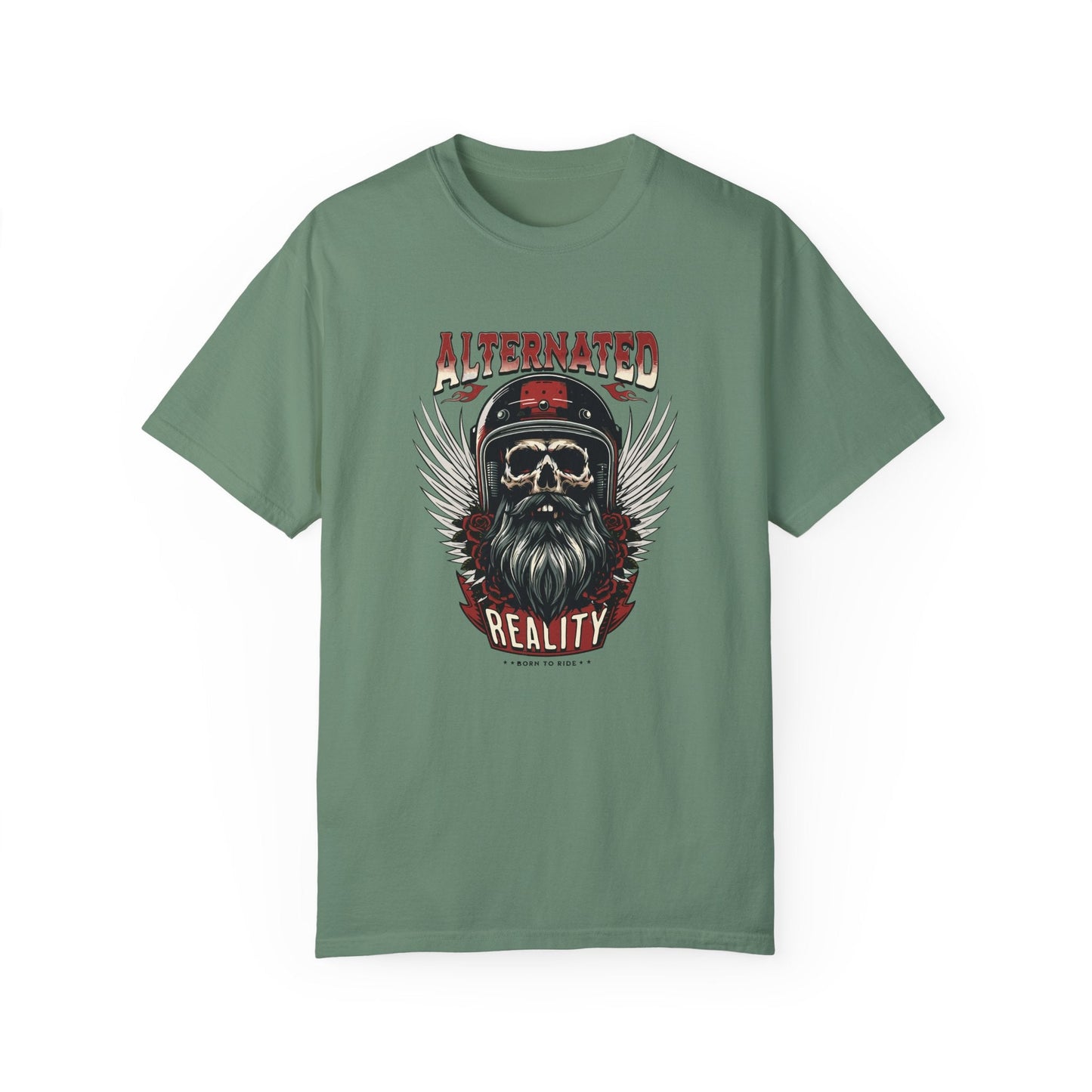 Comfort Colors 1717 t-shirt in dark green with "Alternated Reality" skull design.