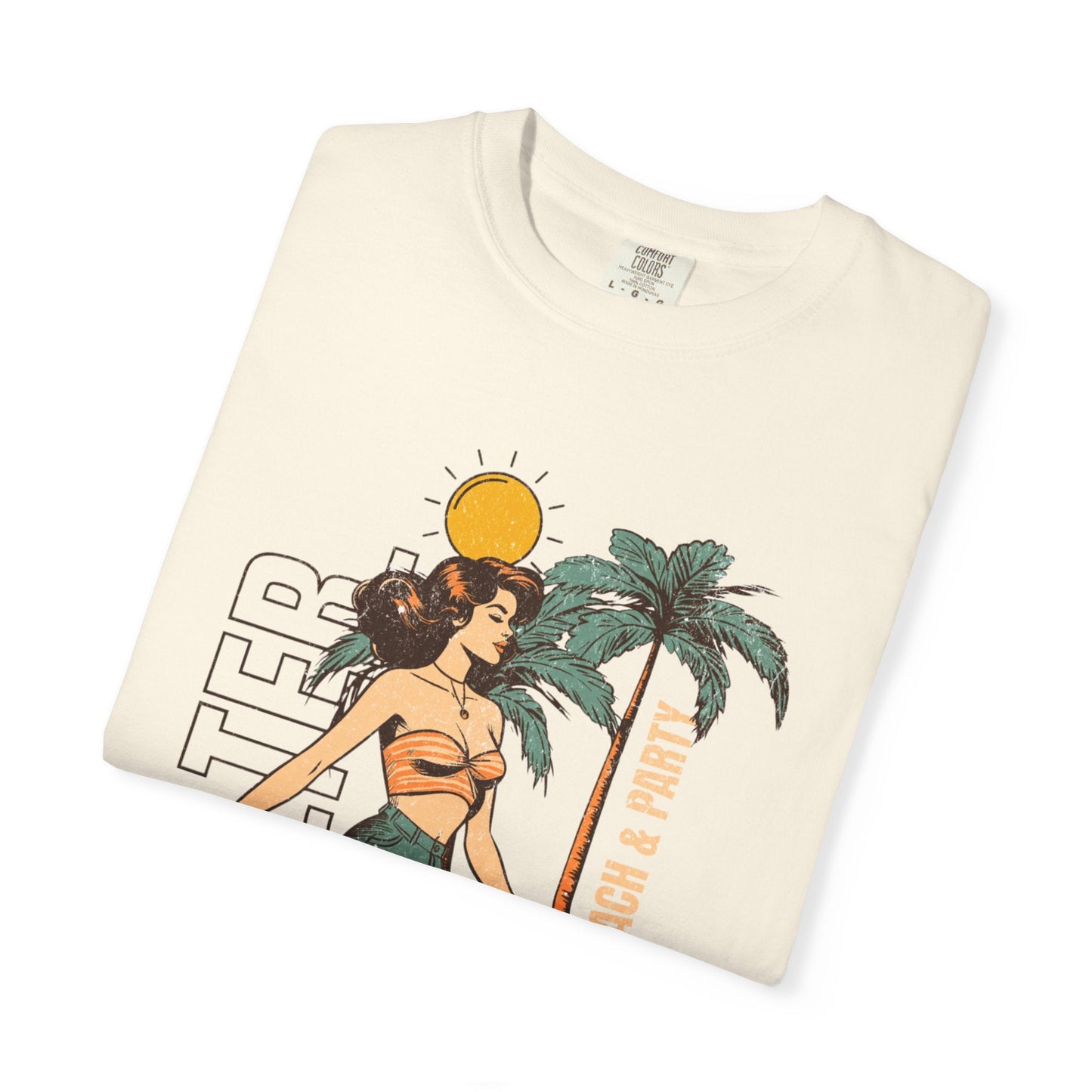 Vintage beach scene unisex t-shirt with woman graphic and palm trees