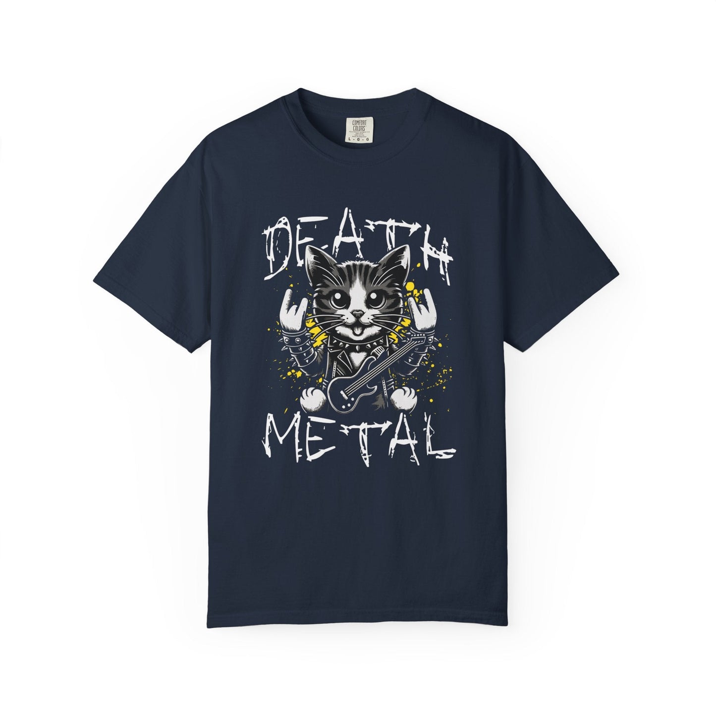 Cat metal t-shirt featuring rock & roll graphic design