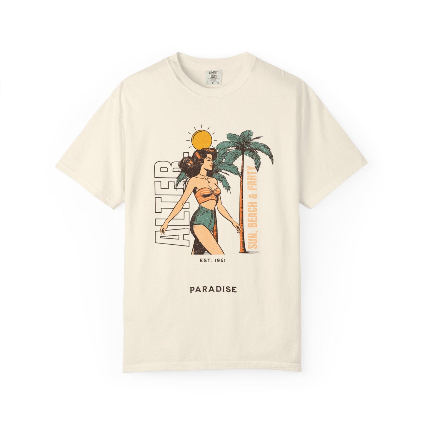 Vintage beach scene unisex t-shirt with woman graphic and palm trees
