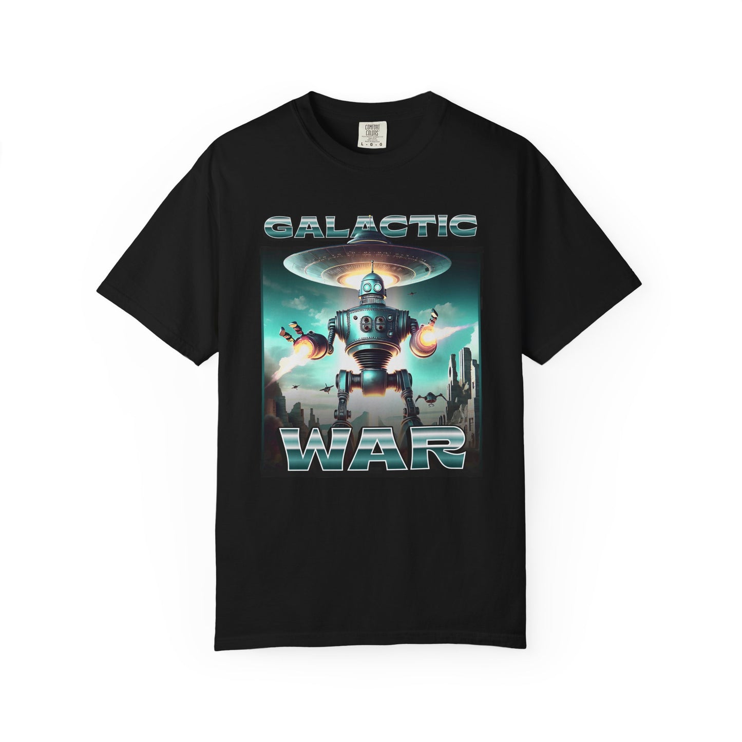 Galactic war t-shirt featuring metallic robot & Spaceship design