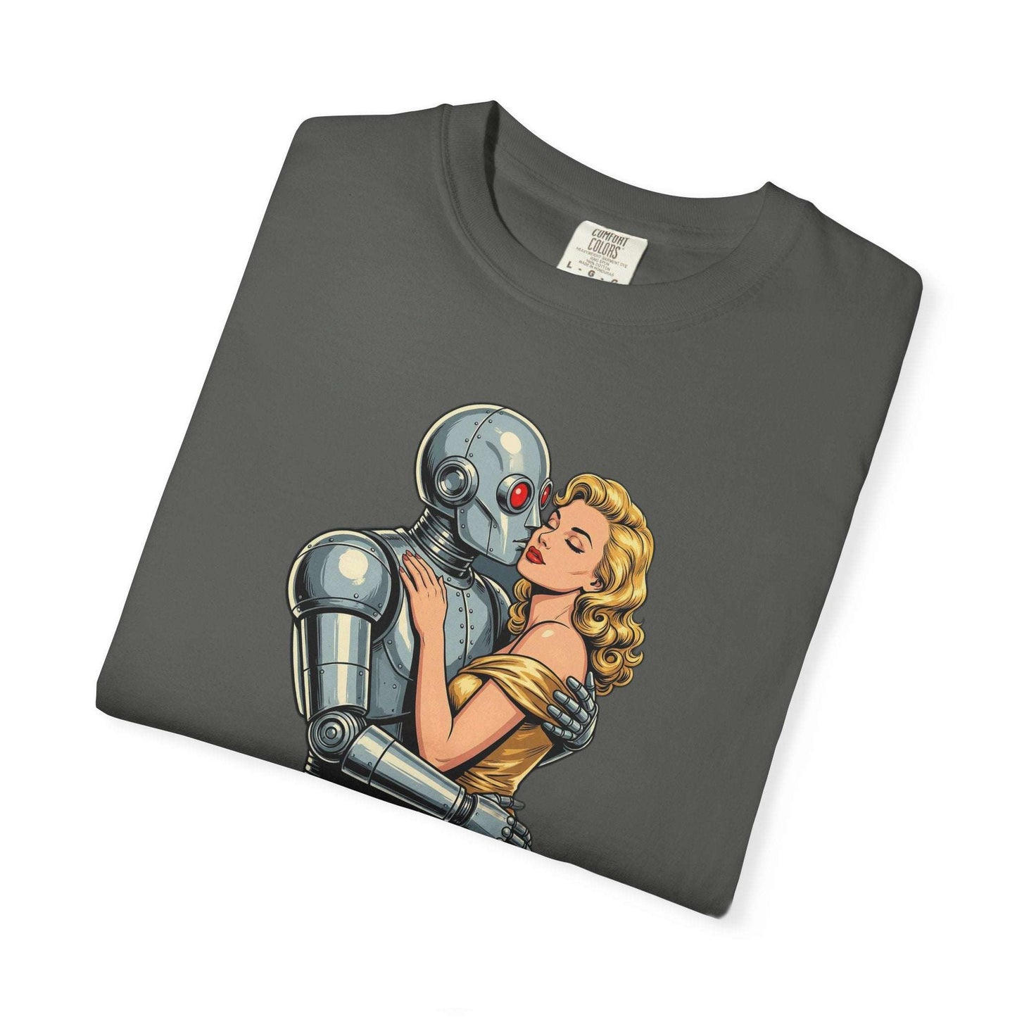 Chrome Romance Robot Kissing Woman T-Shir