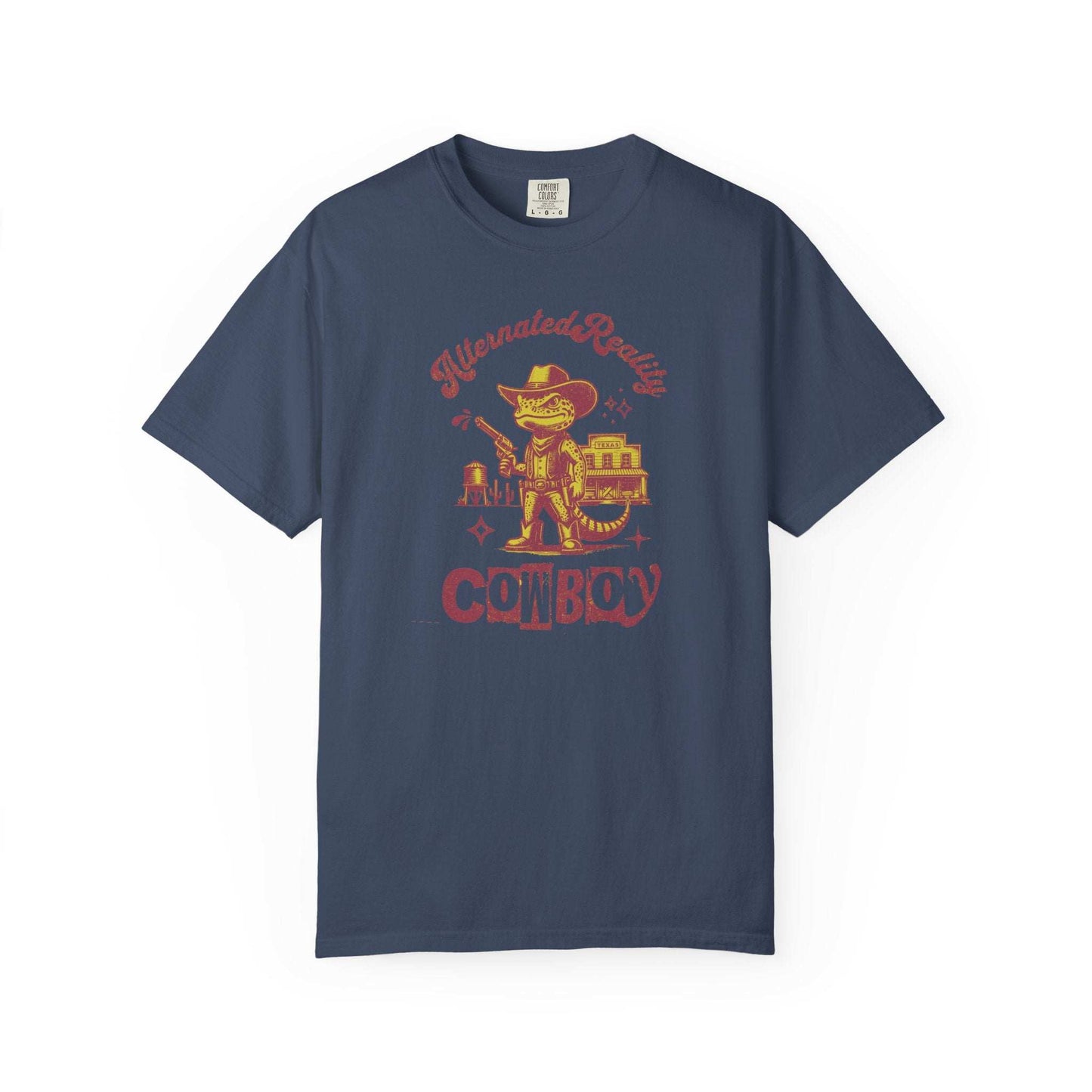 Western frog t-shirt featuring a quirky cowboy frog and retro robot with vibrant yellow accents on dark background