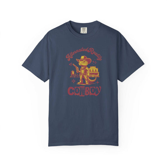 Western frog t-shirt featuring a quirky cowboy frog and retro robot with vibrant yellow accents on dark background