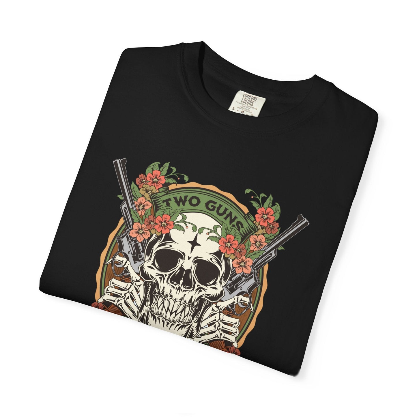 Two Guns One Love T-Shirt  showing Guns & Flowers