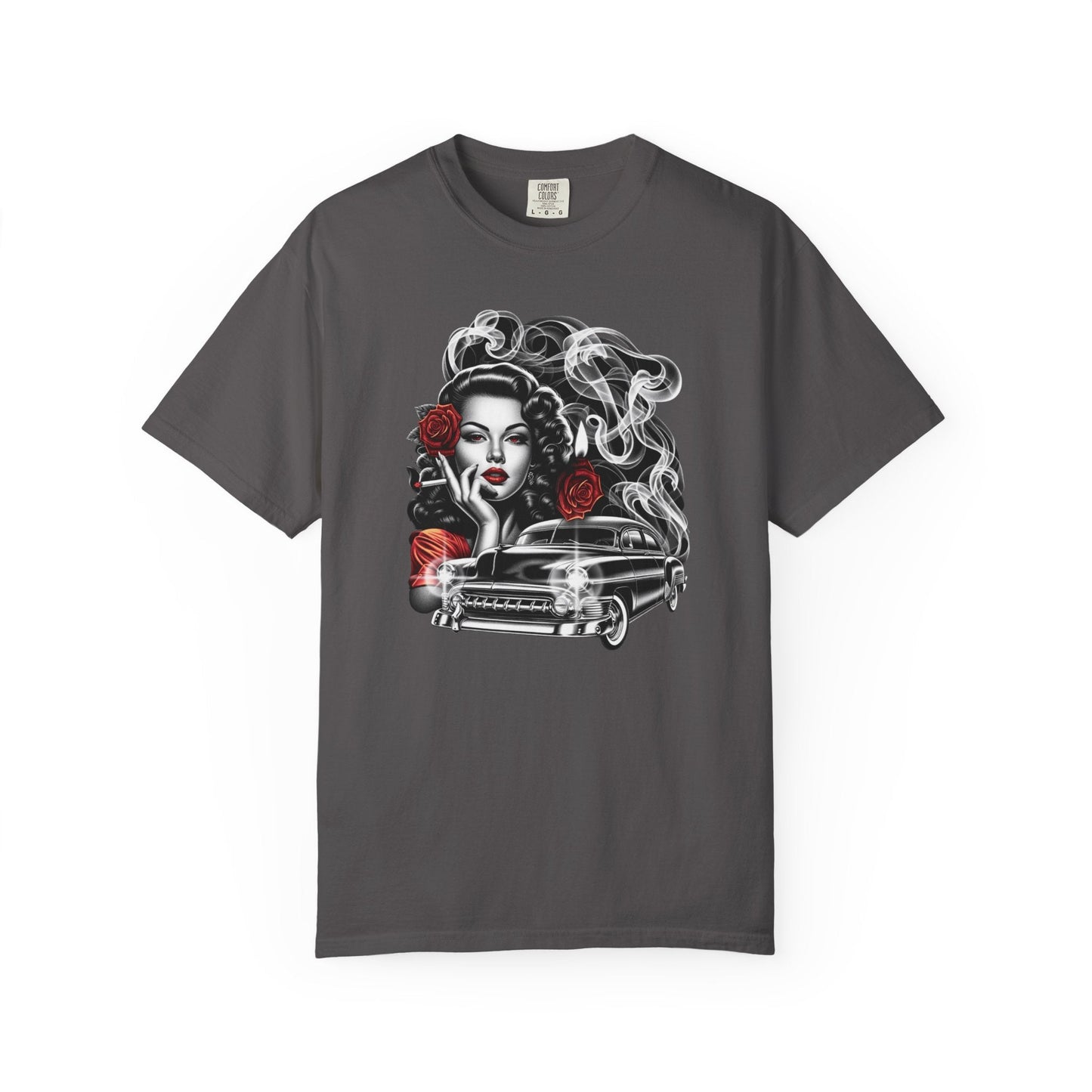 Vintage smoking girl t-shirt – Unique rose & car design