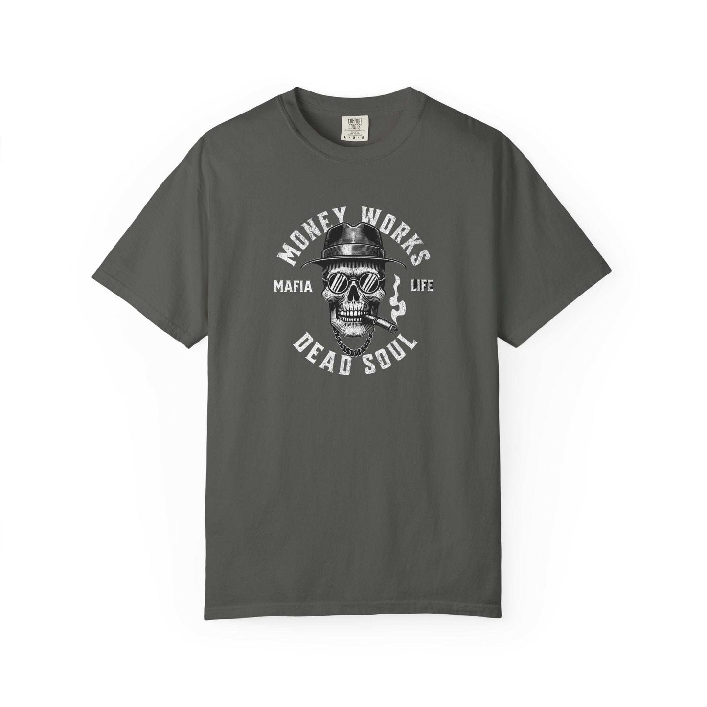 Gangster Skull T-shirt with skull wearing fedora and smoking cigar graphic design