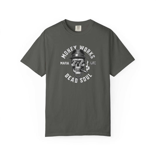 Gangster Skull T-shirt with skull wearing fedora and smoking cigar graphic design