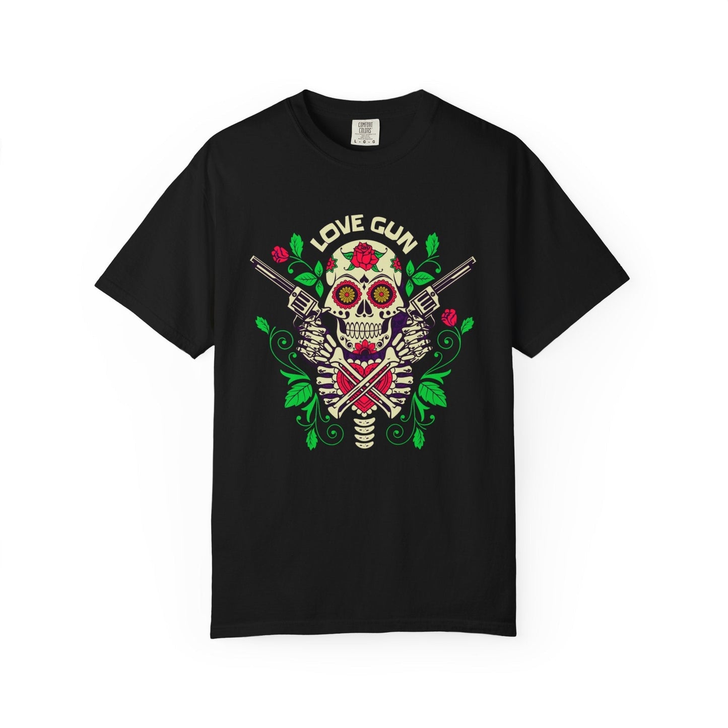 Love gun black t-shirt with Sugar skull design - Stylish & comfortable