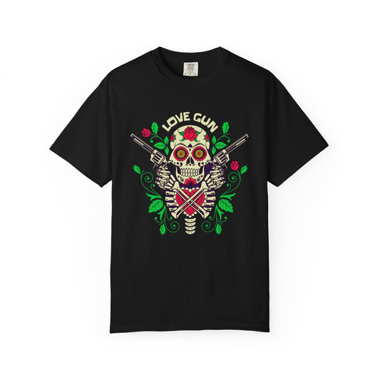 Love gun black t-shirt with Sugar skull design - Stylish & comfortable