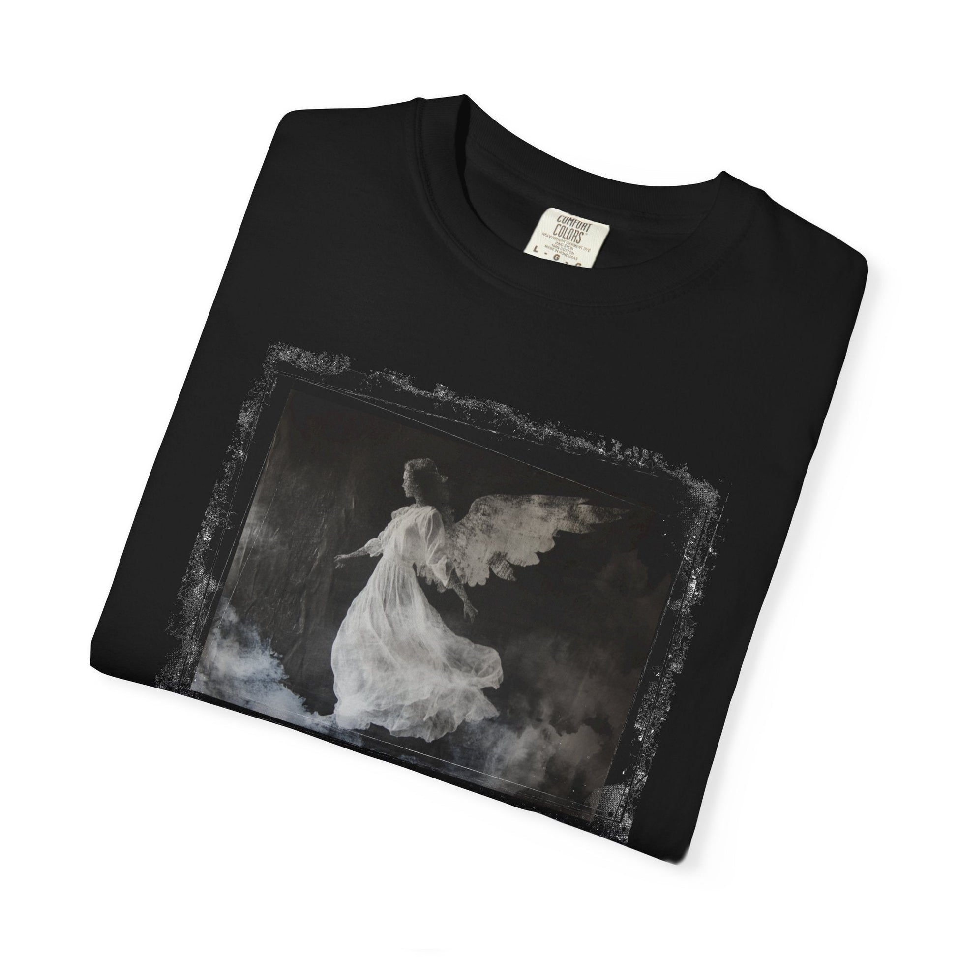 Mystical Angel in Flight – Black and White Metaphysical T-Shirt