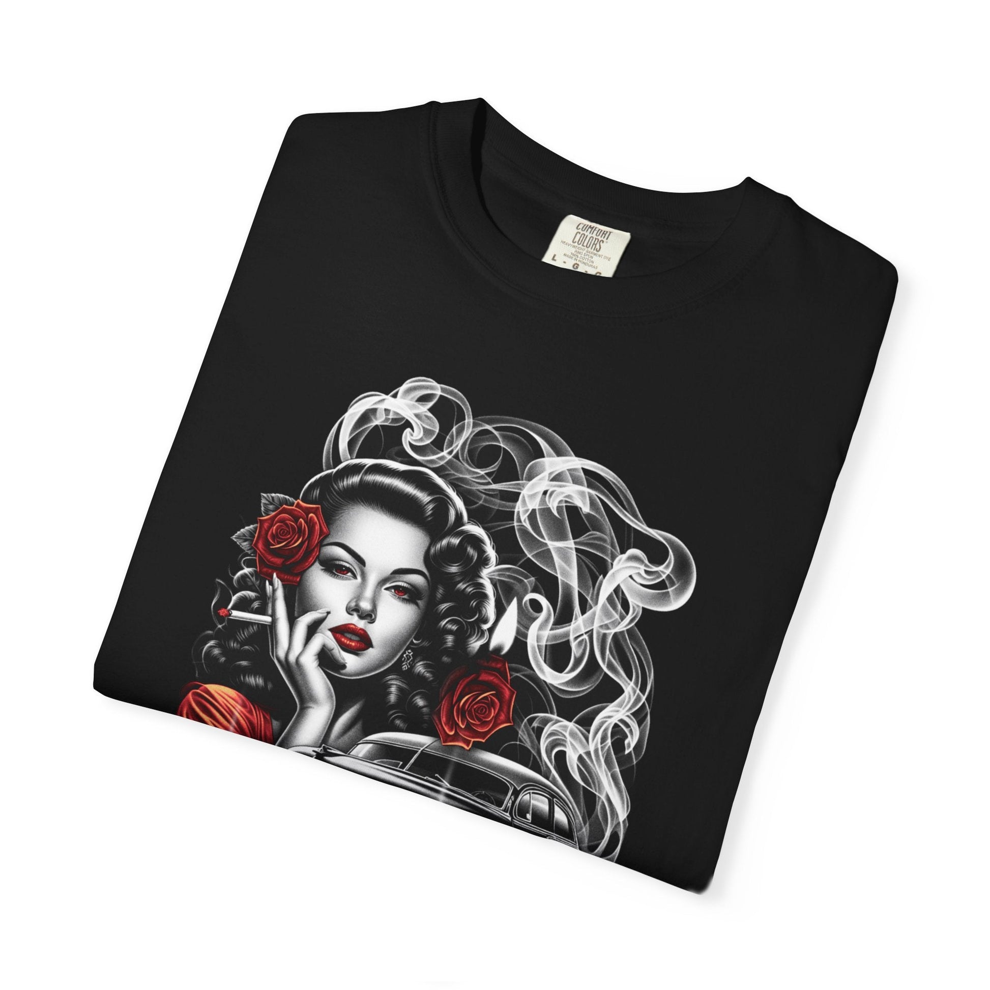 Vintage smoking girl t-shirt – Unique rose & car design