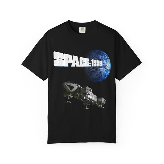 Black Space 1999 t-shirt with spaceship graphic and blue Earth print