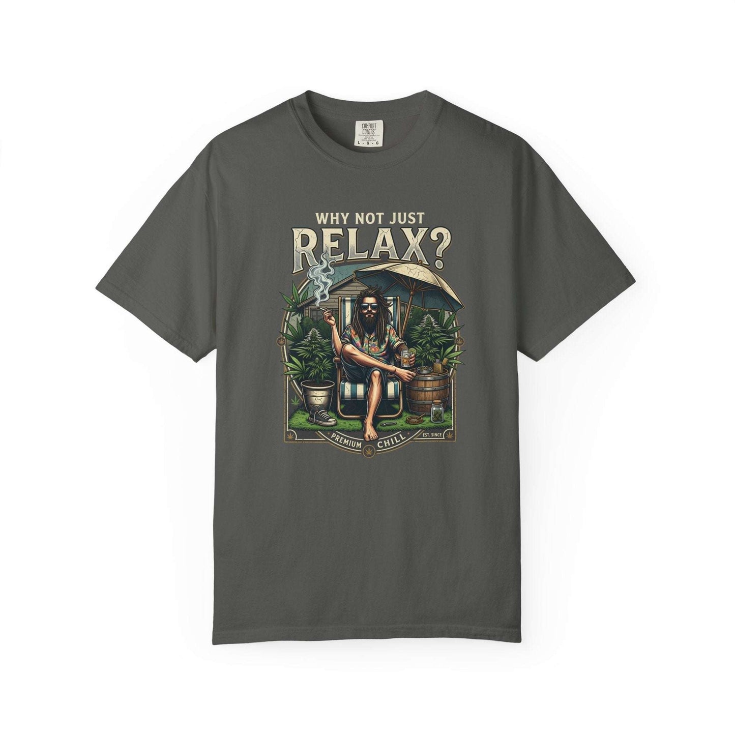 Relax Smoking T-Shirt with cosmic marijuana design, casual stoner apparel for laid-back cannabis lovers.