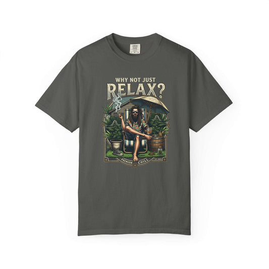 Relax Smoking T-Shirt with cosmic marijuana design, casual stoner apparel for laid-back cannabis lovers.