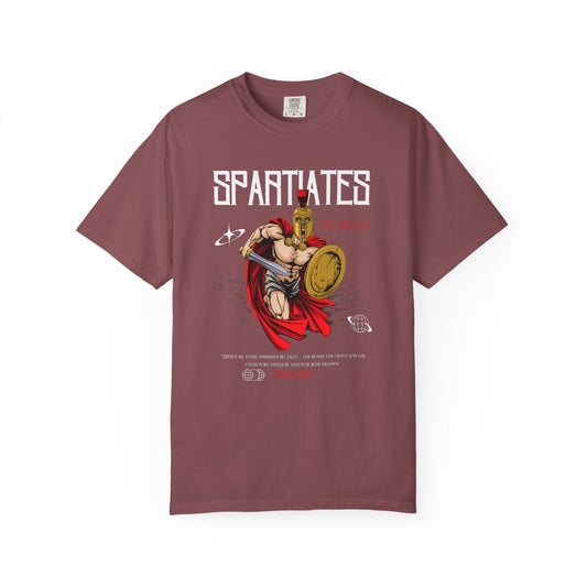 Burgundy Spartiates T-shirt with cartoon Spartan warrior and shield illustration, made of soft 100% cotton.