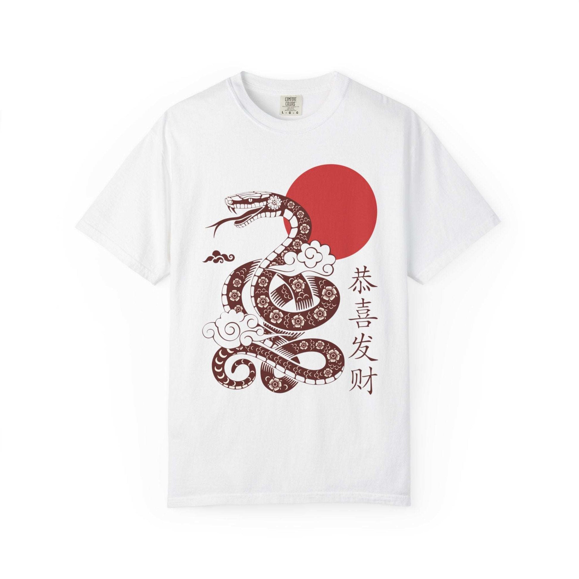 Japanese-style T-shirt featuring intricate snake illustration with traditional Japanese patterns on sky-blue background