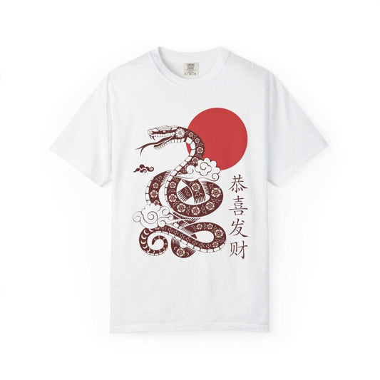 Japanese-style T-shirt featuring intricate snake illustration with traditional Japanese patterns on sky-blue background
