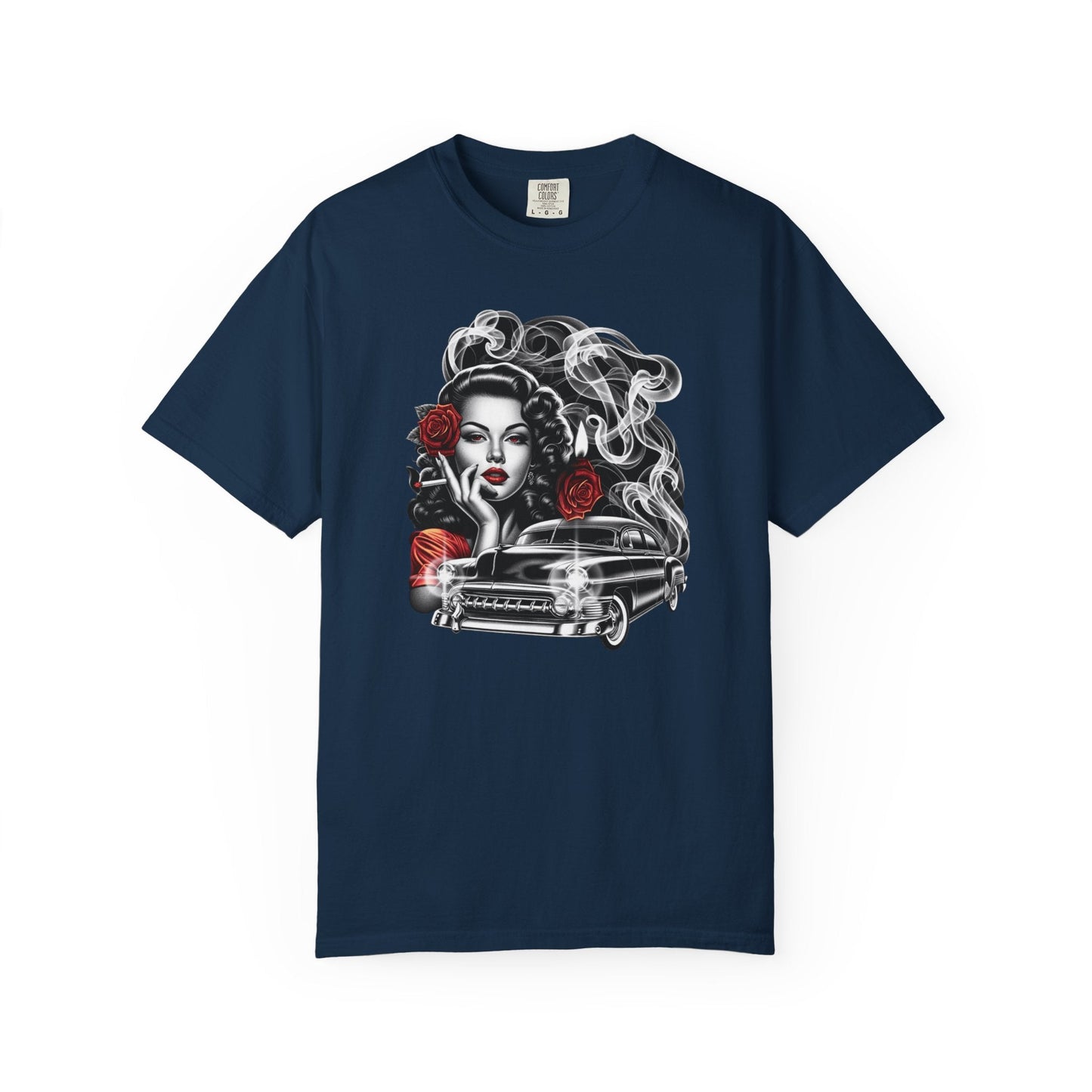 Vintage smoking girl t-shirt – Unique rose & car design