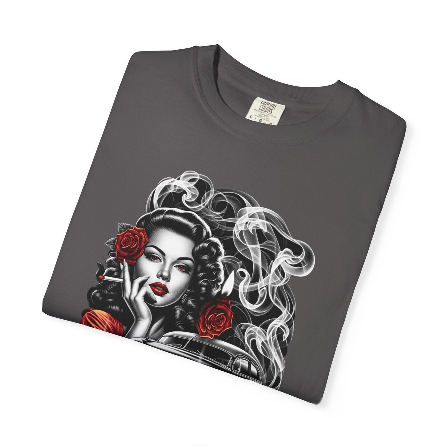 Vintage smoking girl t-shirt – Unique rose & car design