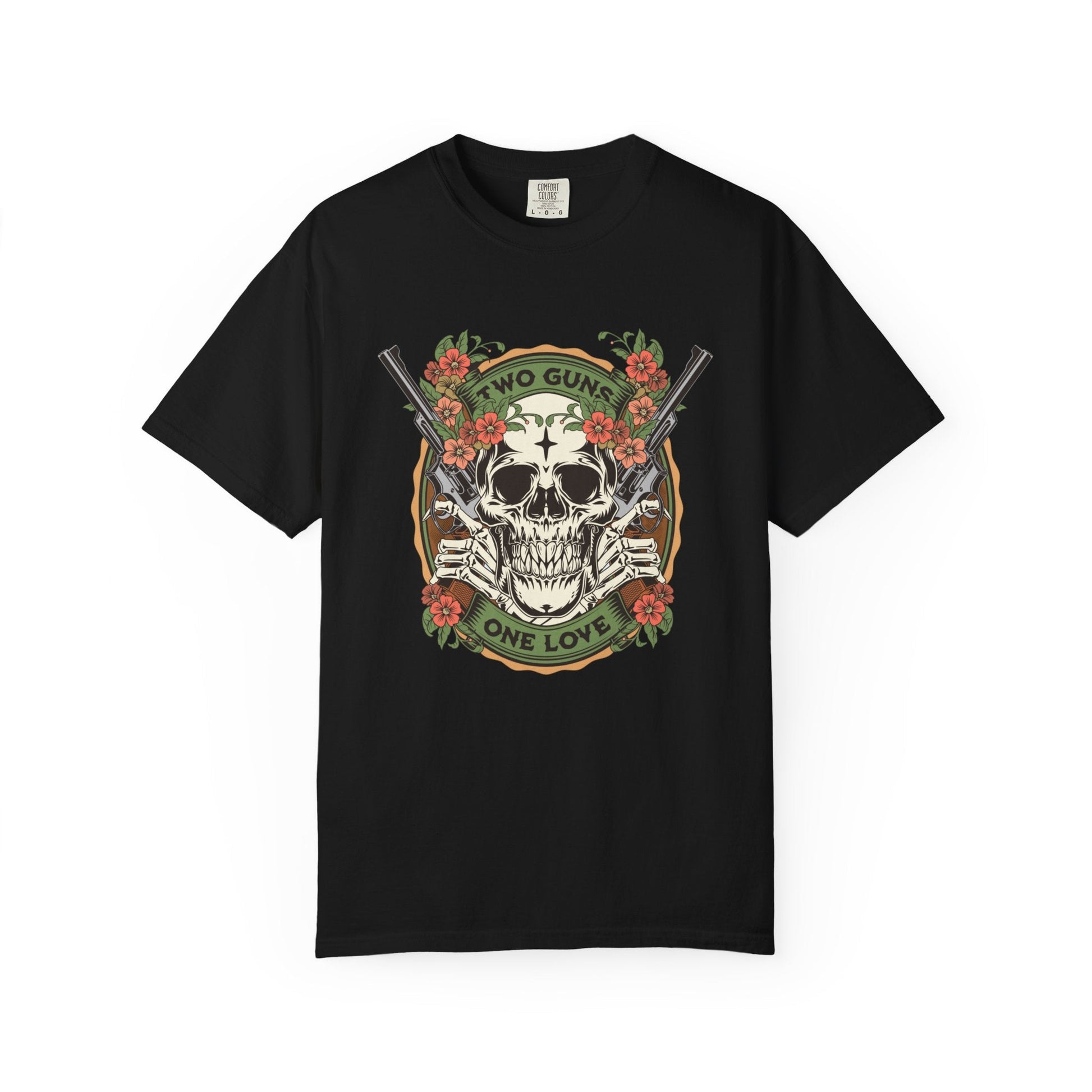 Two guns & one love graphic t-shirt with skull design