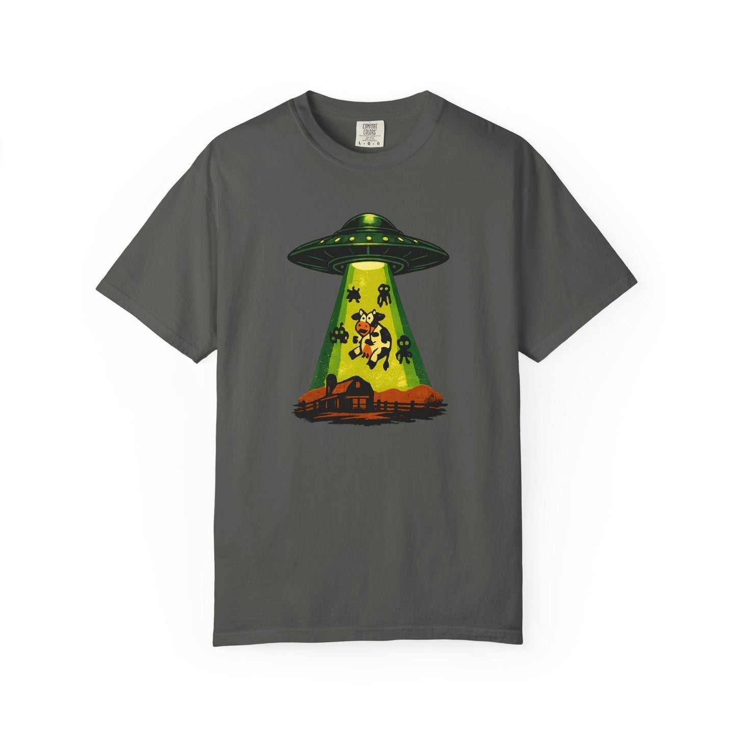 Space Invasion UFO shirt featuring a mysterious flying saucer design inspired by alien invasion stories and UFO sightings.