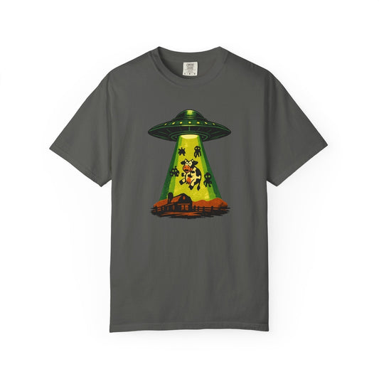 Space Invasion UFO shirt featuring a mysterious flying saucer design inspired by alien invasion stories and UFO sightings.